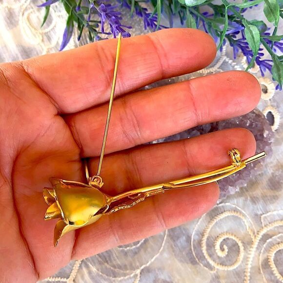 VTG Mid-Century Gold Long Stem Rose Brooch - Picture 5 of 7